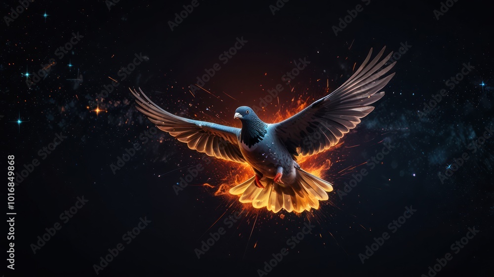 Obraz premium A dove in flight with glowing wings against a dark starry sky.