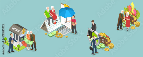 3D Isometric Flat Vector Illustration of Employee Pension Fund, Worker Retirement Savings
