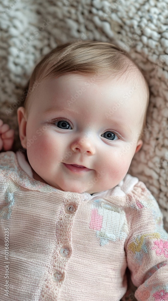 Adorable baby lying on a cozy blanket, smiling with sparkling eyes in soft lighting Adorable baby lying on a cozy blanket, smiling with sparkling eyes in soft lighting