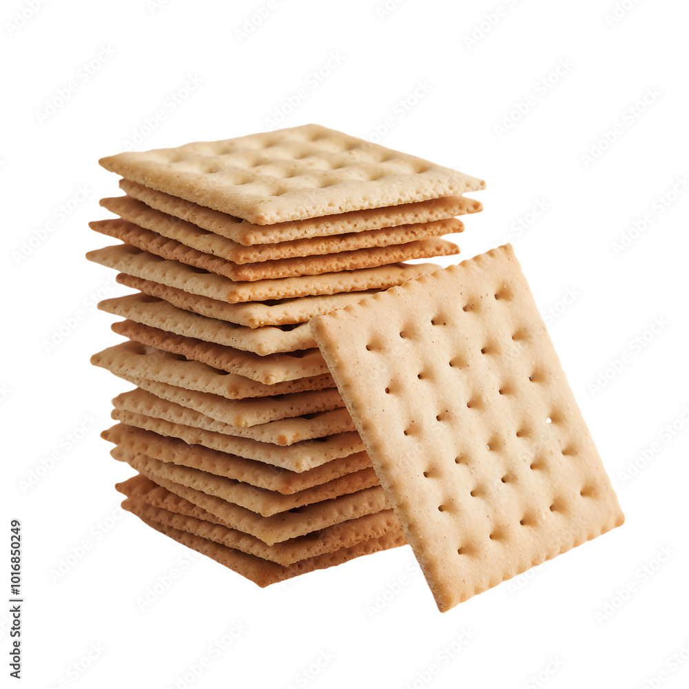 Stack of beige square crackers slightly tilted, plain white background Stack of beige square crackers slightly tilted, plain white background