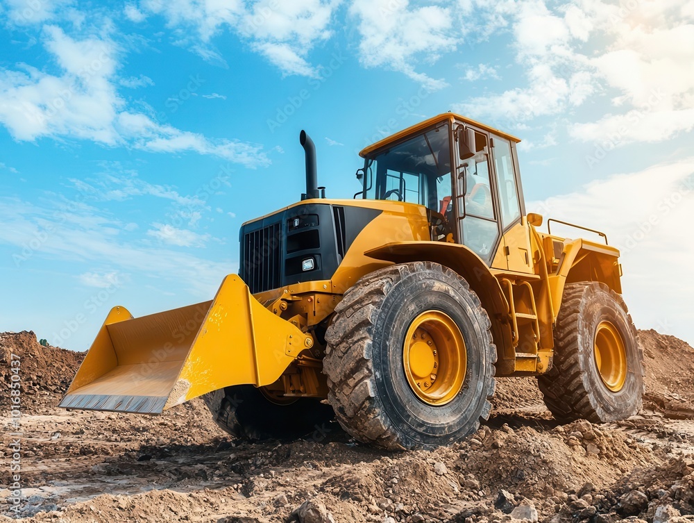 Loader with hydraulic suspension for smooth operation over uneven and challenging construction terrains, Hydraulic suspension loader, Comfortable, rugged, modern Loader with hydraulic suspension for smooth operation over uneven and challenging construction terrains, Hydraulic suspension loader, Comfortable, rugged, modern