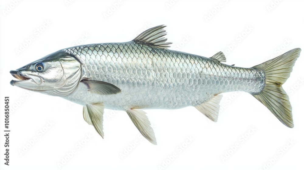 Fototapeta premium Atlantic Tarpon known for its vibrant silver body and elongated shape swims elegantly highlighting its unique physical characteristics and stunning scales.