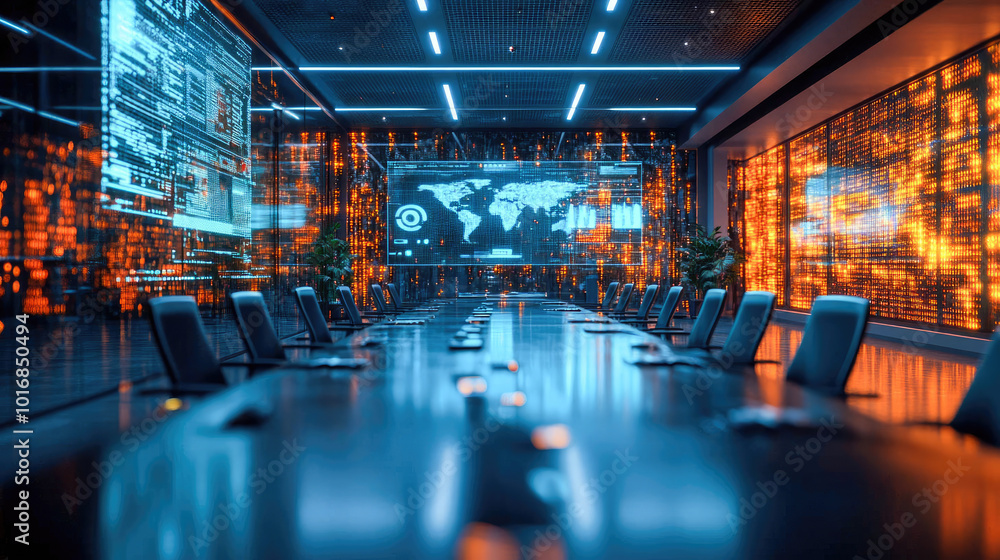 A high-tech conference room with a large digital display showing a world map and data analytics. Modern design with vibrant neon lighting, perfect for virtual meetings A high-tech conference room with a large digital display showing a world map and data analytics. Modern design with vibrant neon lighting, perfect for virtual meetings