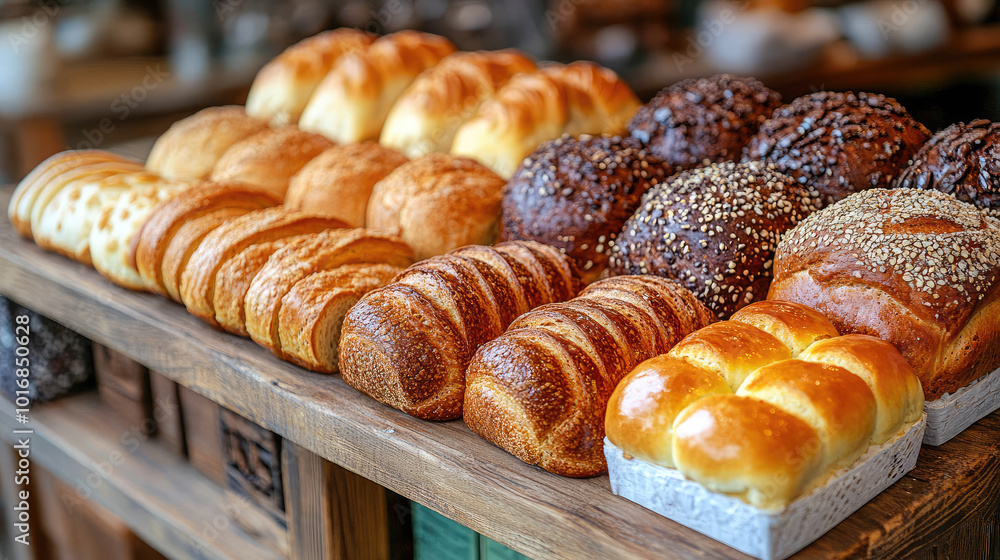 A display of freshly baked bread and pastries on a wooden shelf, showcasing different textures and flavors. Perfect for bakery and food content A display of freshly baked bread and pastries on a wooden shelf, showcasing different textures and flavors. Perfect for bakery and food content