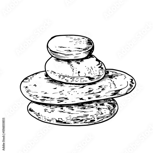 Pyramid of four sea stones of different sizes vector hand drawn illustration. Etching drawing of pebbles balancing on each other. For creating new composition, spa centers, coloring book