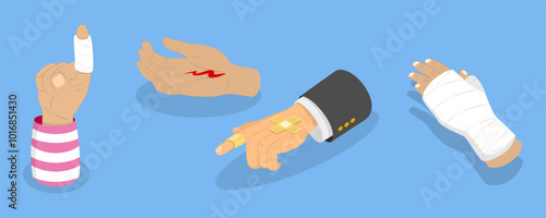 3D Isometric Flat Vector Set of Hand Injury Treatment, Limb Bandaging Instructions