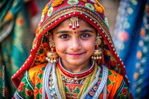 Close-up portrait of young girl in traditional indian attire with intricate jewelry