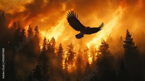 A majestic eagle flies away from a blazing forest fire, its silhouette contrasted against the burning trees and billowing smoke. photo