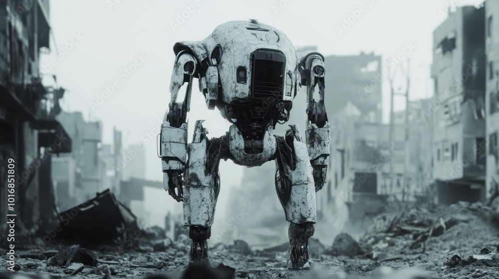 A robotic figure stands amidst a desolate, ruined urban landscape. A robotic figure stands amidst a desolate, ruined urban landscape.