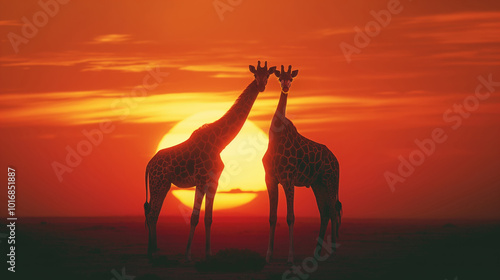 Giraffe family with cub stand in the savannah against the backdrop of the sunset. Giraffes group in national park with an African landscape in the background.