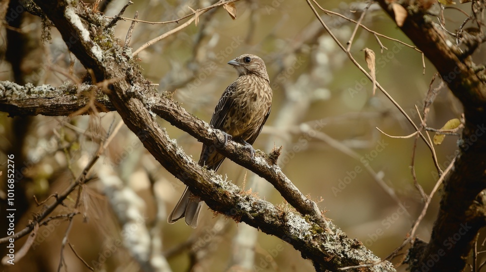 A solitary bird perched gracefully on branches in a tranquil forest setting A solitary bird perched gracefully on branches in a tranquil forest setting