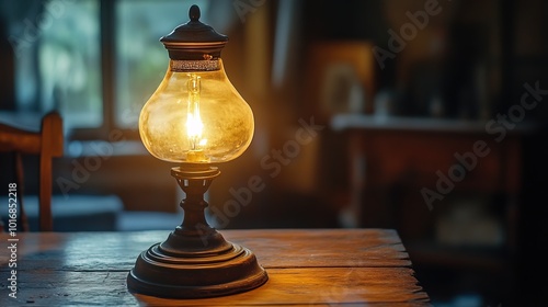 An antique lamp on a wooden table gives off a soft, warm light