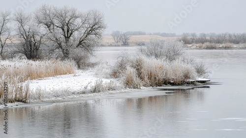 A serene winter landscape with frosted trees and calm waters at the riverbank