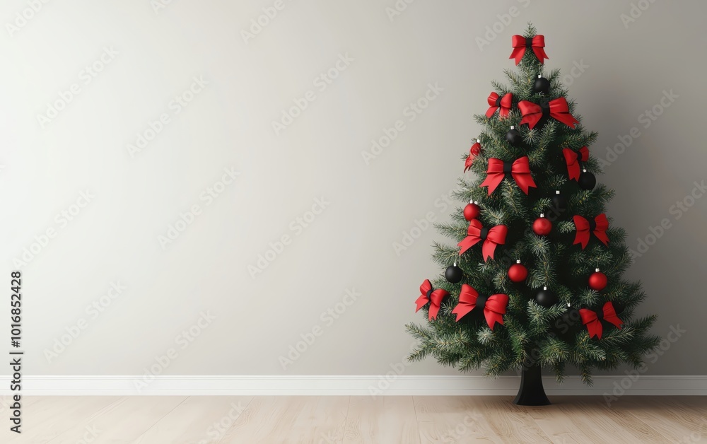Decorative Christmas tree adorned with red bows on a minimalist background. Decorative Christmas tree adorned with red bows on a minimalist background.