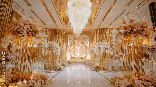 Luxurious gold toned wedding decor featuring elegant floral arrangements a grand chandelier and a custom glamorous aesthetic for a lavish sophisticated ceremony and reception photo