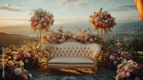 Grandiose air balloon event featuring elaborate floral arrangements shimmering gold details and a beautifully designed romantic setting with a lavish couch and scenic landscape backdrop photo