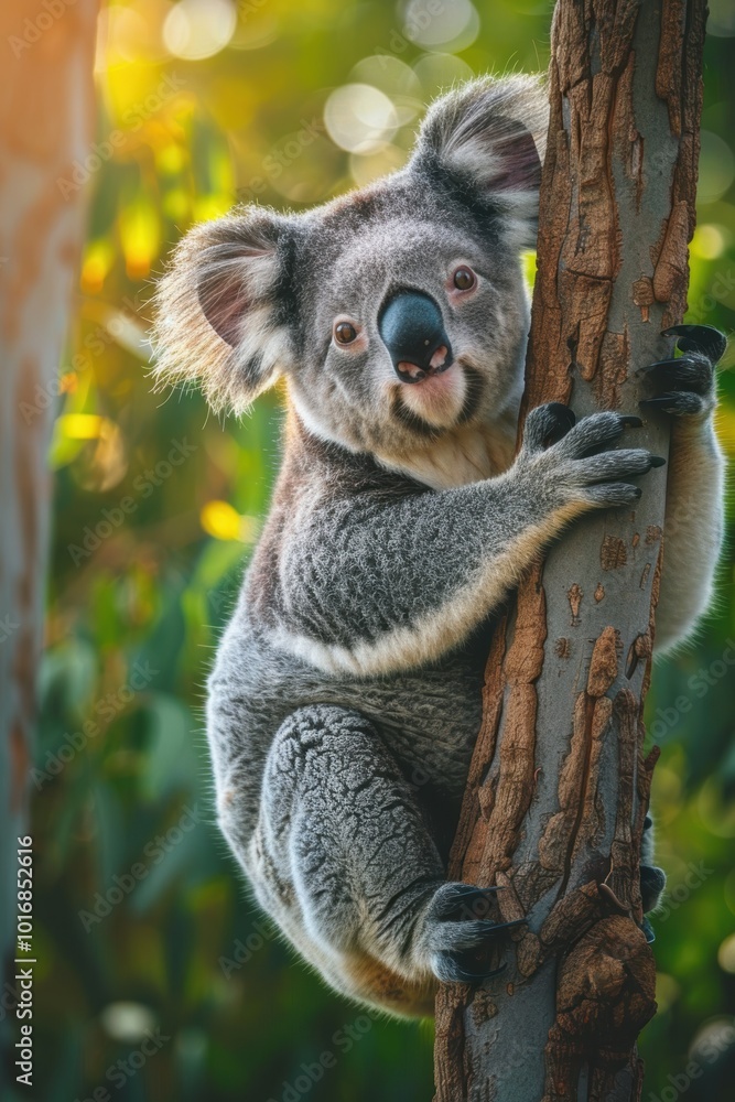 Fototapeta premium Adorable Koala Bear Clinging to Eucalyptus Tree in Sunlit Australian Forest