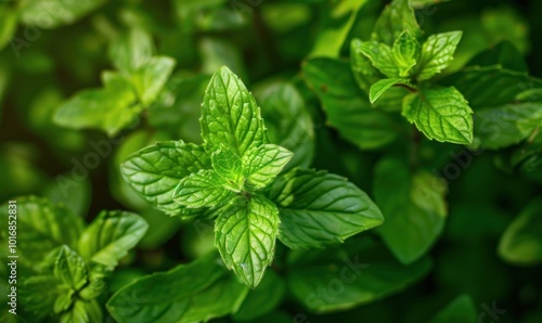 Mint leaves in close-up view with vibrant green color. Fresh and natural herbs for culinary and health concepts.