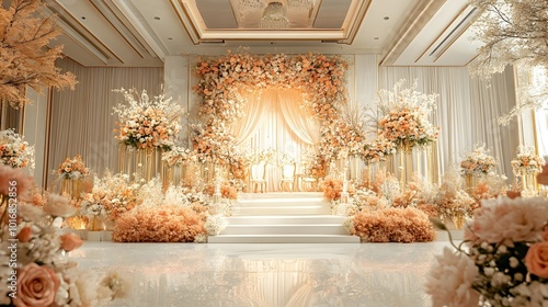 Breathtaking Floral Adorned Wedding Ceremony in a Lavish Ballroom with Opulent Golden Accents Chandeliers and a Timeless Elegant Aesthetic photo