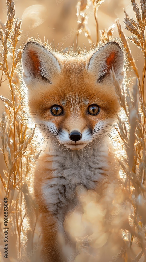 Adorable Baby Fox Peeking Through Golden Grasses in Sunlight Adorable Baby Fox Peeking Through Golden Grasses in Sunlight