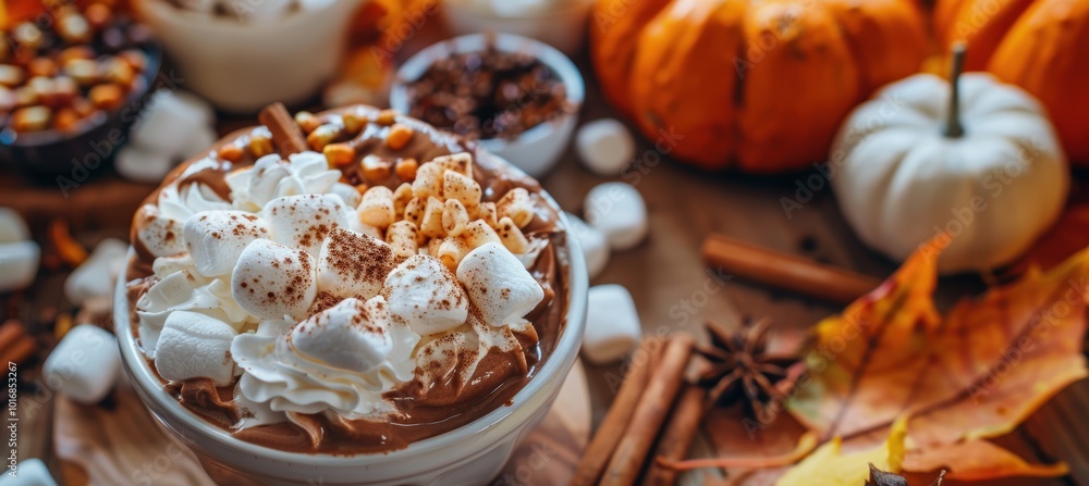 Fototapeta premium Thanksgiving Hot Chocolate Bar with Whipped Cream, Marshmallows, Cinnamon, and Caramel Toppings