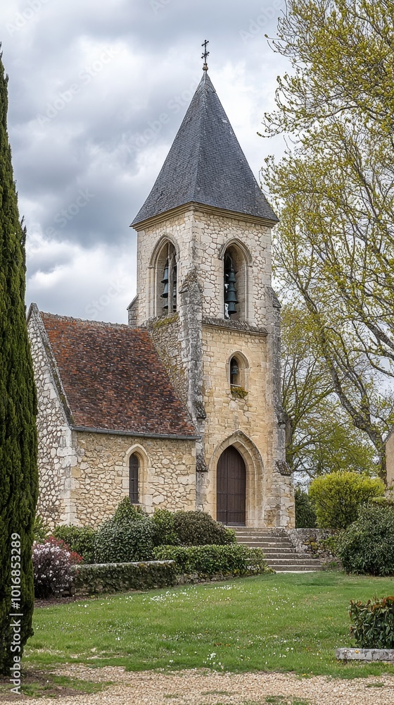 Charming stone chapel with a tall steeple surrounded by trees in a tranquil countryside setting Charming stone chapel with a tall steeple surrounded by trees in a tranquil countryside setting