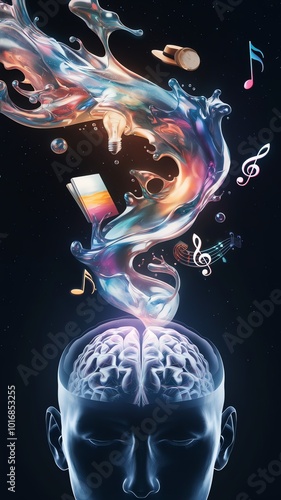 A representation of creativity as a liquid substance that spills from a human mind, forming shapes and objects that float in mid-air. 