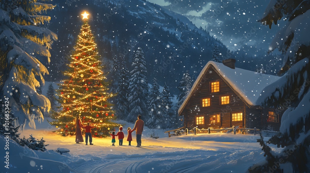 Family Admires a Decorated Christmas Tree in a Snowy Landscape Family Admires a Decorated Christmas Tree in a Snowy Landscape