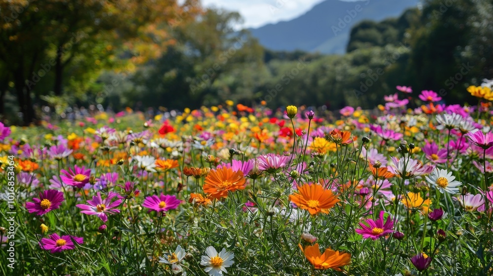 Vibrant wildflower field in springtime with blooming colors under a sunny blue sky Vibrant wildflower field in springtime with blooming colors under a sunny blue sky
