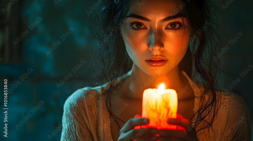 Woman Holding Candle with Determined Expression Woman Holding Candle with Determined Expression
