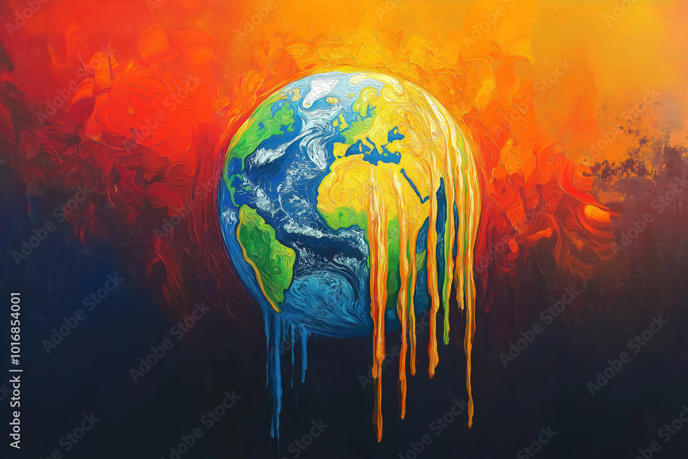 Naklejka premium A painting of a globe with a blue and green swirl of paint dripping down it