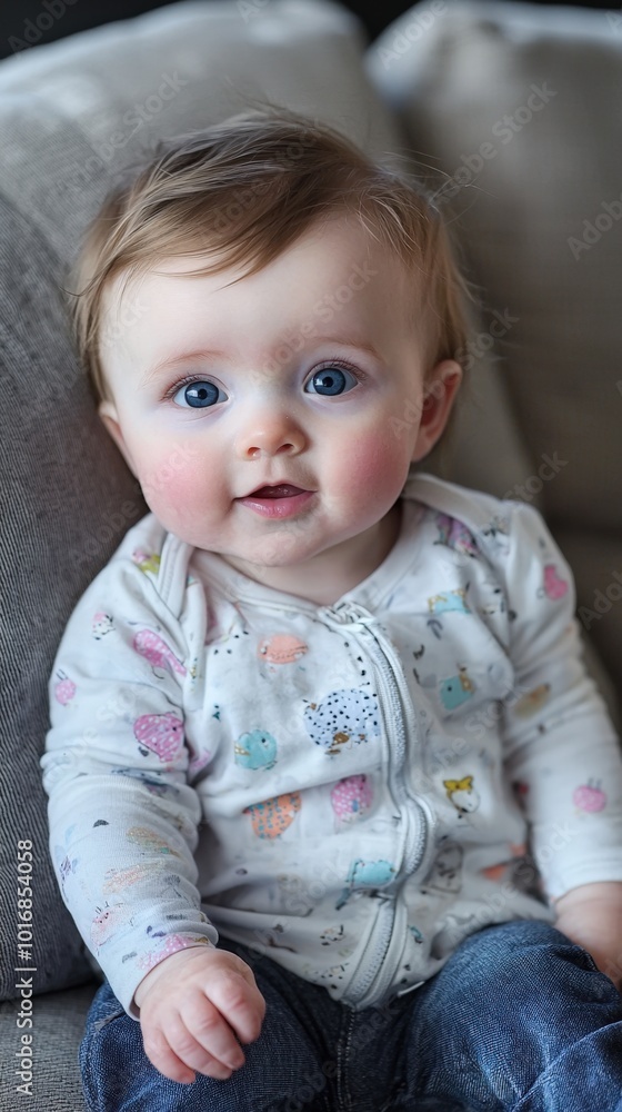Sweet baby with big blue eyes smiles while sitting comfortably on a cozy couch at home Sweet baby with big blue eyes smiles while sitting comfortably on a cozy couch at home