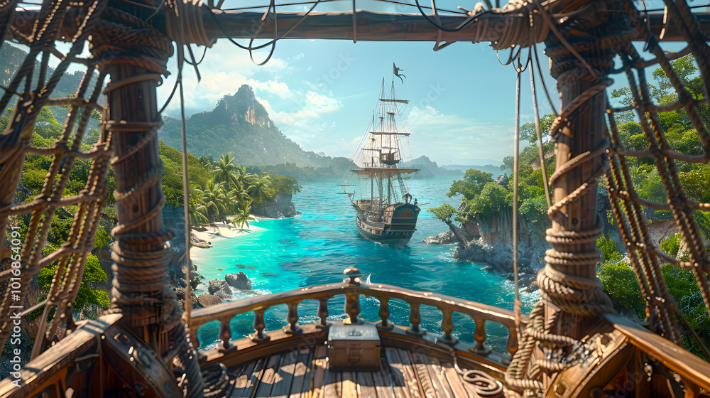 Naklejka premium A background view from a pirate ship's deck looking towards a tropical island with a hidden Corsair treasure chest, featuring a battleship with a skull and crossbones flag