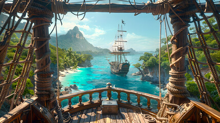 Gardinen Kinderzimmer A background view from a pirate ship's deck looking towards a tropical island with a hidden Corsair treasure chest, featuring a battleship with a skull and crossbones flag  © Akash Tholiya
