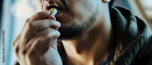 Portrait of a man using a throat lozenge to alleviate cough and cold symptoms highlighting the use of over the counter medications for health and wellness photo