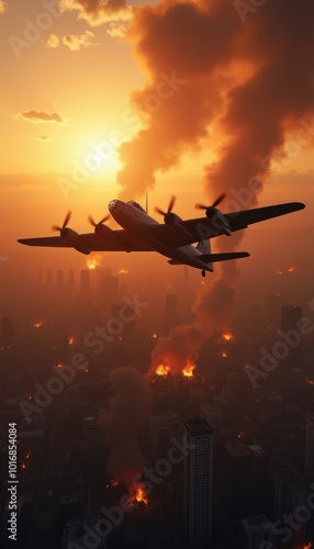 A dramatic sunset scene featuring an airplane flying over a city engulfed in flames and smoke, capturing the essence of disaster response and urban survival.