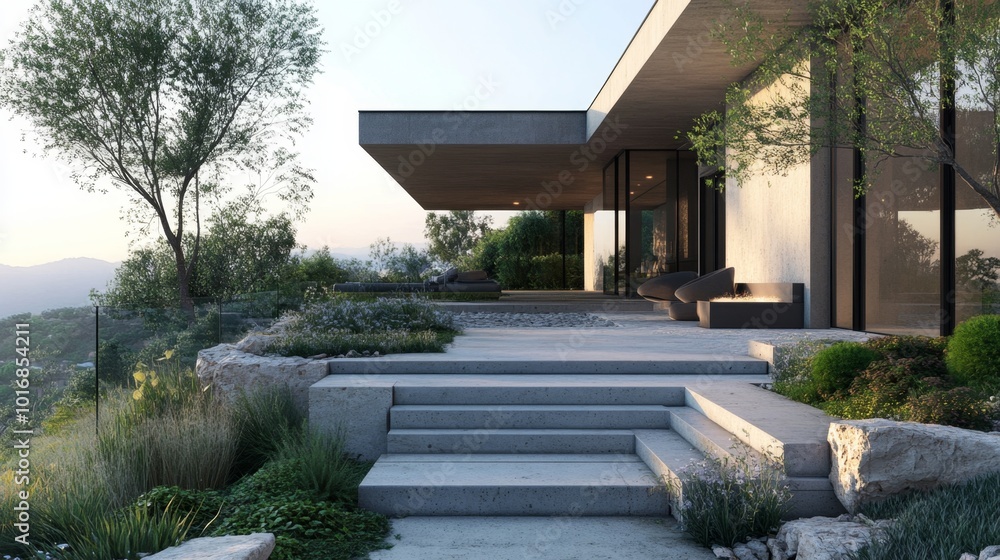 Modern House With Concrete Outdoor Stairs And Natural Landscape Modern House With Concrete Outdoor Stairs And Natural Landscape