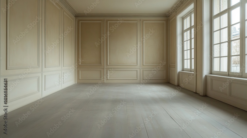 Fototapeta premium Empty room with large windows and white wainscoting. Interior design and home decor concept.