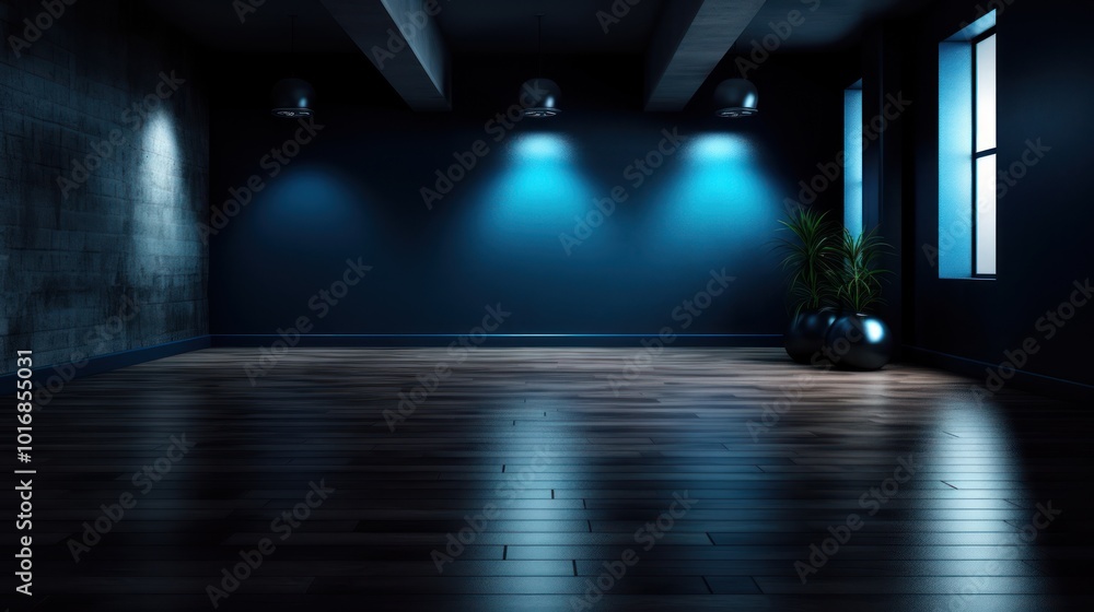 Minimalist Blue Lit Room with Dark Wood Floor Minimalist Blue Lit Room with Dark Wood Floor