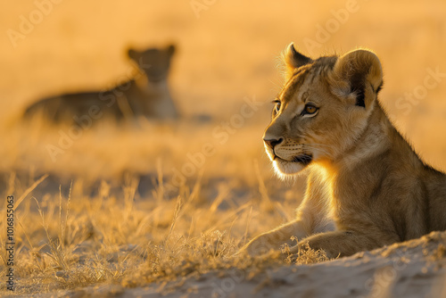 A baby lion is laying in the grass, looking at the camera