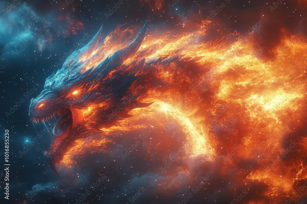 ferocious cosmic dragon wreaking havoc across galaxies celestial flames engulfing planets piercing eyes radiating cosmic energy chaotic space background with swirling nebulae ferocious cosmic dragon wreaking havoc across galaxies celestial flames engulfing planets piercing eyes radiating cosmic energy chaotic space background with swirling nebulae