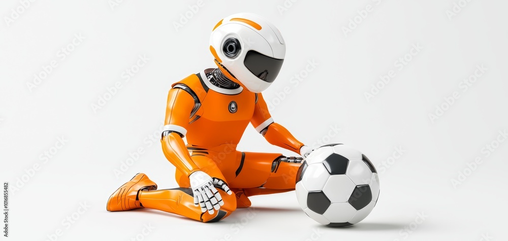 A futuristic orange robot kneeling and playing with a soccer ball, showcasing innovation in sports. A futuristic orange robot kneeling and playing with a soccer ball, showcasing innovation in sports.