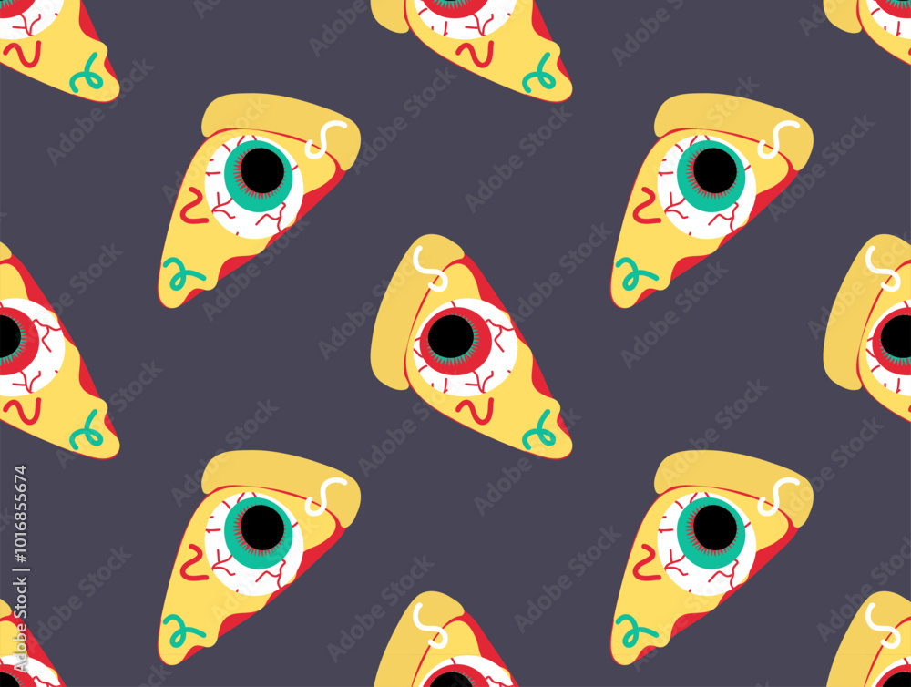 Halloween pizza. Scary eye. Seamless pattern Halloween pizza. Scary eye. Seamless pattern