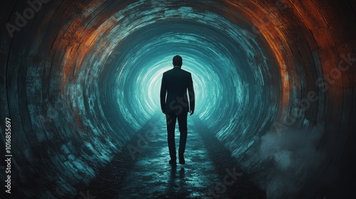 A man is walking through a tunnel with a blue light