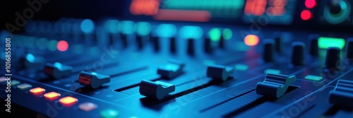 Close-up of a sound mixing console illuminated in blue hues, perfect for music production, audio engineering, or broadcasting themes in digital and print media. photo