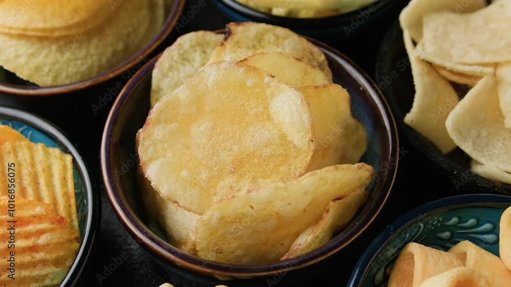 Set of different crispy potato chips in bowls. Rotating video Set of different crispy potato chips in bowls. Rotating video