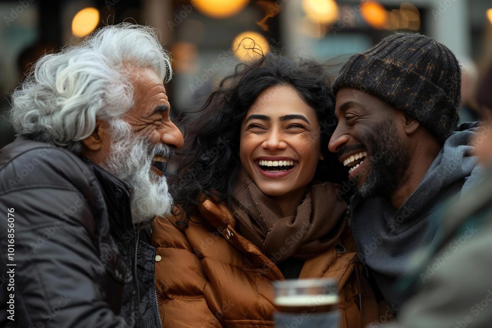 Diverse group of adults enjoying coffee and conversation at a stylish downtown cafe Diverse group of adults enjoying coffee and conversation at a stylish downtown cafe