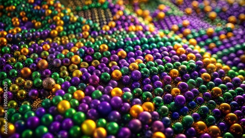 Mardi Gras beads in vibrant green, purple, and gold close-up