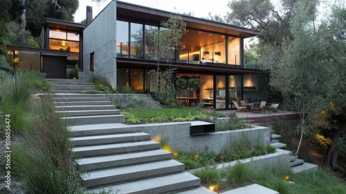 Modern House With Concrete Outdoor Stairs And Natural Landscape