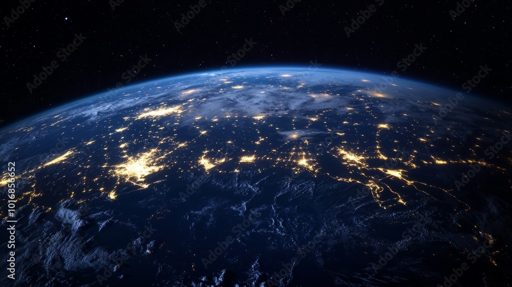 Fototapeta premium Earth at night with global connections lighting up the continents, symbolizing international communications generative ai